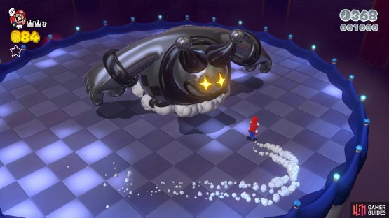 Motley Bossblob will jump around the arena in an attempt to crush you