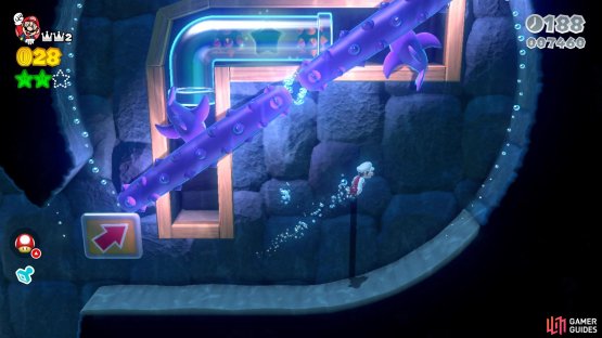 The third Green Star is in a pipe, guarded by some mines, so you will need a Fire Flower
