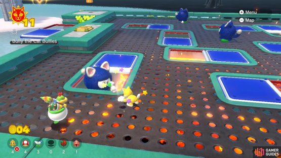You need to knock all of the Bullies into the lava to get the Shine