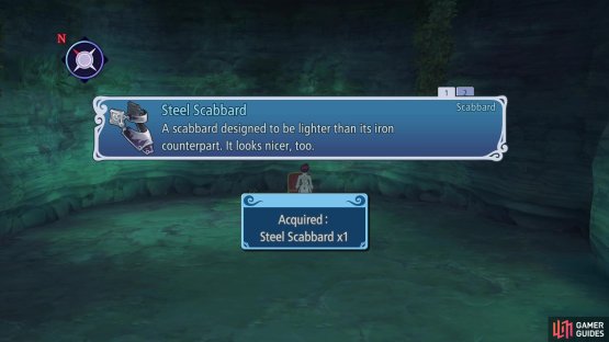 This will lead to a small cave that has a Steel Scabbard for Asbel.