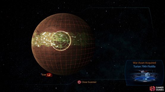 Scan the planet Pheiros for the Turian 79th Flotilla war asset.