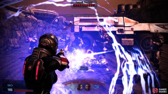 Engage the Cerberus squad with whatever powers and weapons you have at your disposal.