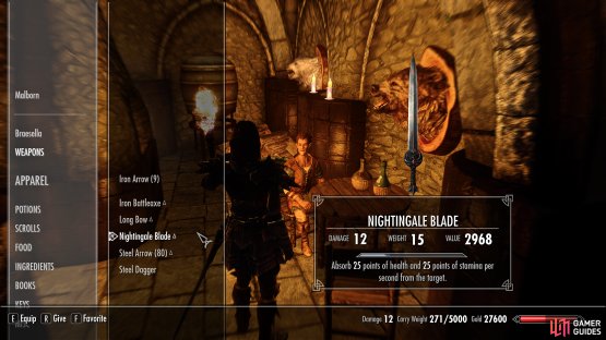Be sure to give Malborn any gear that you normally use for combat, including potions and lockpicks.