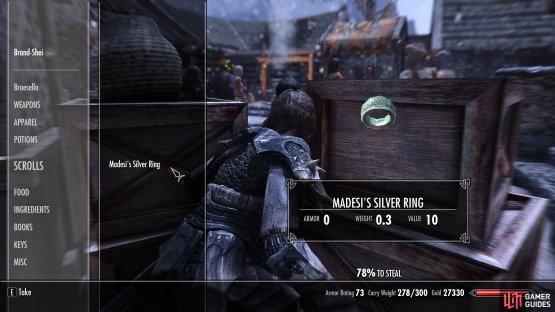 You can place Madesi&rsquo;s Silver Ring on Brand-Shei by pickpocketing him.