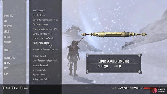You&rsquo;ll find the Elder Scroll in the Books section of your inventory.
