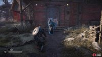 Chase the woman between the houses until she stops.