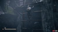 Climb the scaffolding and follow the path to the missing boat.