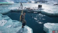 Dive under the water and swim westward into the ruins of the house.