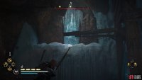 Shoot the ice wall and jump to it using the wooden posts above you.