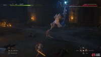 The three-hit combo in the latter half ends with the Knight tossing an electrified lance at the ground.